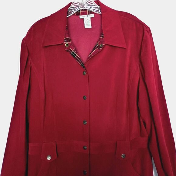 Vintage Duck Head Coat Dress Red Snap Up Plaid Trim Women's 16 Duster Trench - Picture 3 of 7